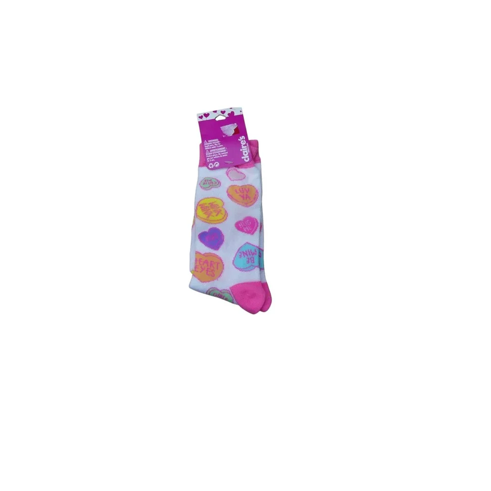 Claire's Crew Socks Girls One Size White Pink New Conversation Hearts Valentine